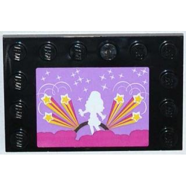 black tile modified 4 x 6 with studs on edges with stars and white female singer silhouette pattern sticker - set 3315