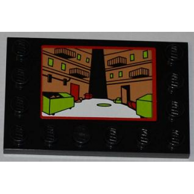 black tile modified 4 x 6 with studs on edges with street alley on screen pattern sticker - set 79103