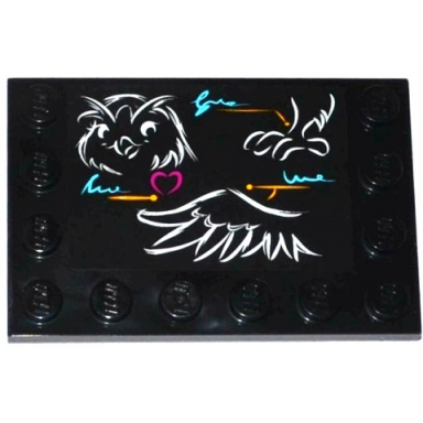 black tile modified 4 x 6 with studs on edges with classroom blackboard with owl head leg and wing pattern sticker - set 41005