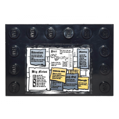 black tile modified 4 x 6 with studs on edges with brick wall with posters and notices pattern sticker - set 10217