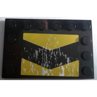 black tile modified 4 x 6 with studs on edges with black and yellow chevrons and silver mud splatter pattern sticker - set 8496