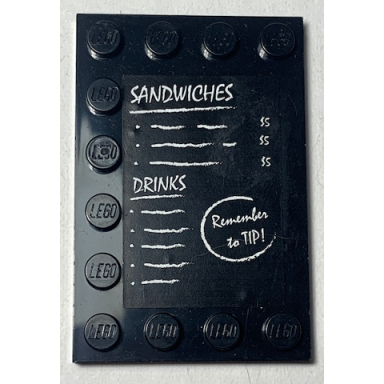 black tile modified 4 x 6 with studs on edges with sandwiches and drinks and remember to tip! pattern sticker - set 70812