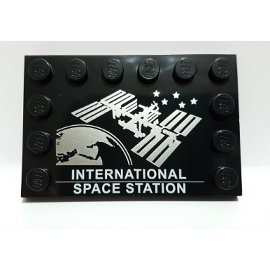 black tile modified 4 x 6 with studs on edges with international space station and space station image pattern