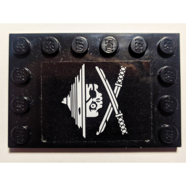 black tile modified 4 x 6 with studs on edges with white ninja skull and crossed swords on black background pattern model left side sticker - set 70605