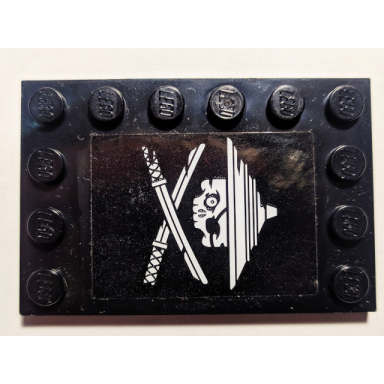 black tile modified 4 x 6 with studs on edges with white ninja skull and crossed swords on black background pattern model right side sticker - set 70605