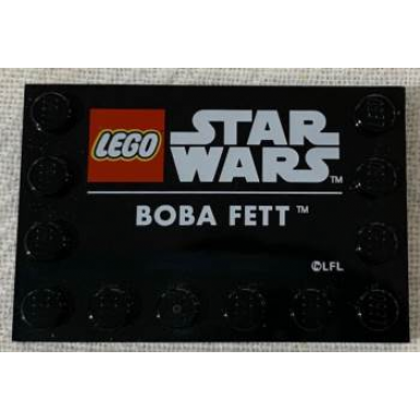 black tile modified 4 x 6 with studs on edges with star wars logo and boba fett pattern