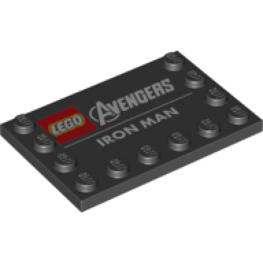 black tile modified 4 x 6 with studs on edges with avengers lego and iron man logos and iron man pattern