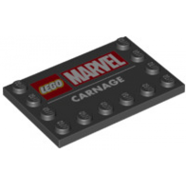 black tile modified 4 x 6 with studs on edges with lego marvel logo and white carnage pattern