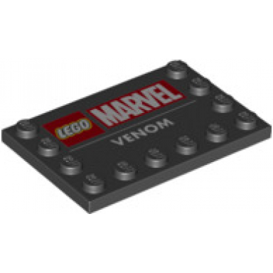 black tile modified 4 x 6 with studs on edges with marvel logo and venom pattern
