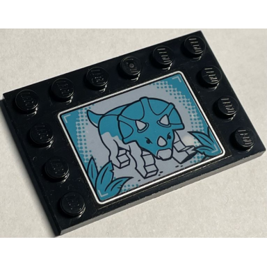 black tile modified 4 x 6 with studs on edges with monitor screen with triceratops dinousaur pattern sticker - set 75939