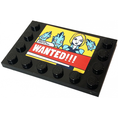 black tile modified 4 x 6 with studs on edges with white wanted!!! screen with picture of lena luthor and kryptomites pattern sticker - set 41232