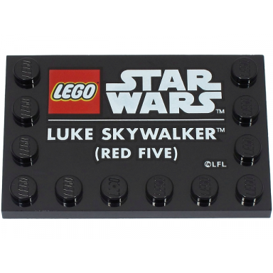 black tile modified 4 x 6 with studs on edges with lego star wars logo and white luke skywalker red five pattern