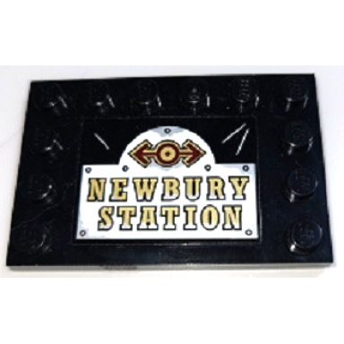 black tile modified 4 x 6 with studs on edges with dark red and gold train logo and newbury station pattern sticker - set 70424