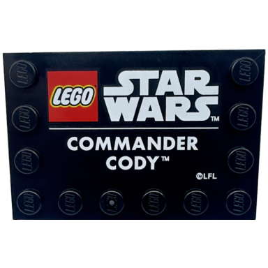black tile modified 4 x 6 with studs on edges with lego star wars logo and white commander cody pattern