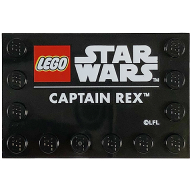 black tile modified 4 x 6 with studs on edges with lego star wars logo and white captain rex pattern