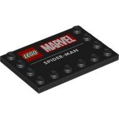 black tile modified 4 x 6 with studs on edges with lego marvel logo and spider-man pattern