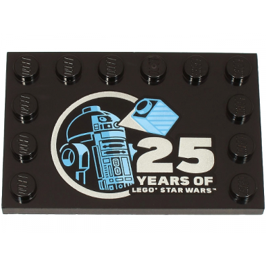 black tile modified 4 x 6 with studs on edges with bright light blue and medium blue r2-d2 minifigure and silver 25 years of lego star wars pattern