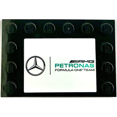 black tile modified 4 x 6 with studs on edges with mercedes-benz logo and amg pertronas formula one team on white background pattern sticker - set 75883