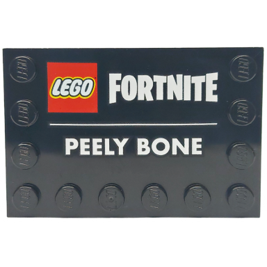 black tile modified 4 x 6 with studs on edges with lego fortnite logo and peely bone pattern