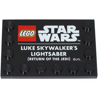 black tile modified 4 x 6 with studs on edges with lego star wars logo and white luke skywalkers lightsaber return of the jedi pattern
