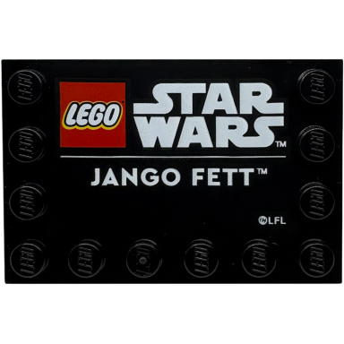 black tile modified 4 x 6 with studs on edges with lego star wars logo and white jango fett pattern