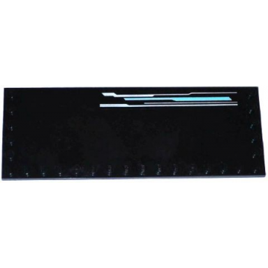 black tile modified 6 x 16 with studs on edges with silver and medium azure lines pattern model left side sticker - set 70173
