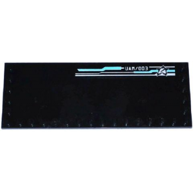 black tile modified 6 x 16 with studs on edges with silver and medium azure lines pattern uam 003 and ultra agents logo pattern model left side sticker - set 70173