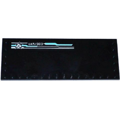 black tile modified 6 x 16 with studs on edges with silver and medium azure lines pattern uam 003 and ultra agents logo pattern model right side sticker - set 70173