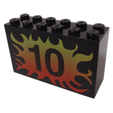 black brick 2 x 6 x 3 with 10 on yellow to red flames pattern