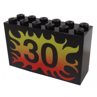 black brick 2 x 6 x 3 with 30 on yellow to red flames pattern