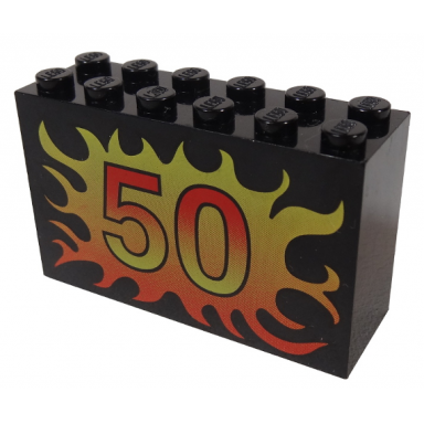 black brick 2 x 6 x 3 with 50 on yellow to red flames pattern