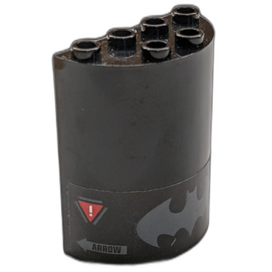 black cylinder half 2 x 4 x 4 with dark bluish gray batman logo red warning triangles and arrow pattern sticker - set 70923