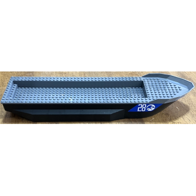 black boat hull unitary 51 x 12 x 6 with side bulges with dark bluish gray top with silver 28 and jurassic world logo on blue background pattern on both sides and back stickers - set 76942