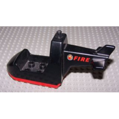 black duplo helicopter body with red base with red fire and silver badge with flame pattern on both sides