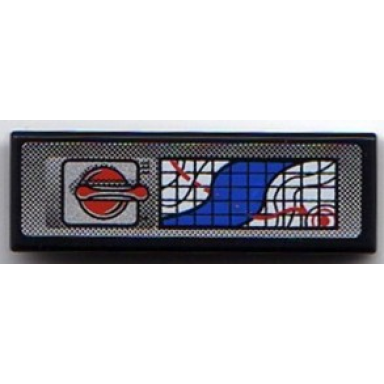 black tile 1 x 3 with red and silver button and map with river on grid pattern sticker - set 8899