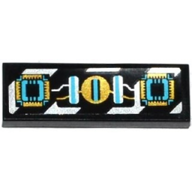 black tile 1 x 3 with gold silver and medium azure circuitry and microchips over silver danger stripes pattern sticker - set 70167