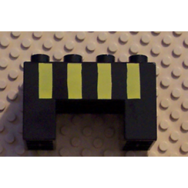 black duplo brick 2 x 4 x 2 with 2 x 2 cutout on bottom with four yellow stripes pattern