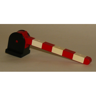 black duplo train crossing gate base with red duplo train crossing gate crossbar with small handle with white stripes pattern 6405 6406bpb01