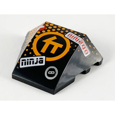 black wedge 4 x 3 triple curved no studs with orange ninjago c symbol in circle orange dots ninja and ninjago pattern