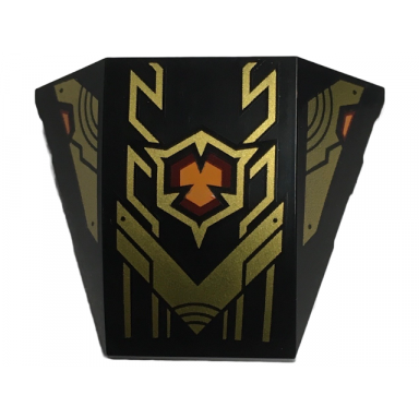 black wedge 4 x 3 triple curved no studs with gold armor plates geometric lines and dark red and orange emblem pattern