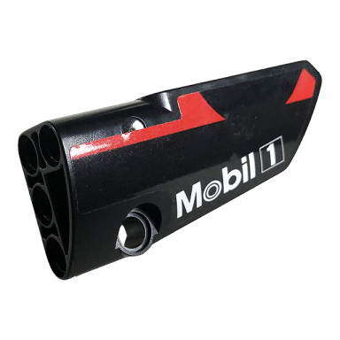 black technic panel fairing 4 small smooth long side b with white mobil 1 logo and red stripe pattern sticker - set 42096