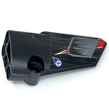 black technic panel fairing 4 small smooth long side b with dark bluish gray air vent blue letter n and warning triangle pattern sticker - set 42109