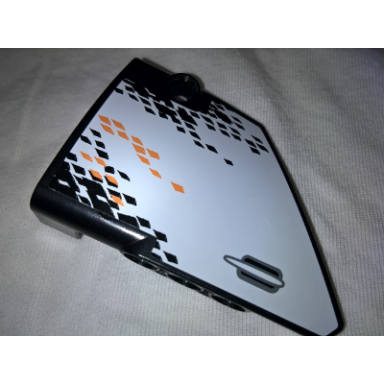 black technic panel fairing 13 large short smooth side a with door handle and black and orange rhombuses pattern sticker - set 9398