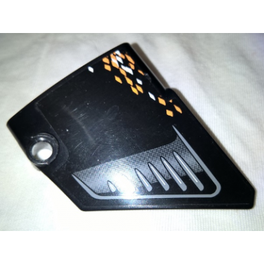 black technic panel fairing 14 large short smooth side b with air intake and white and orange rhombuses pattern sticker - set 9398