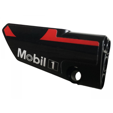 black technic panel fairing 3 small smooth long side a with white mobil 1 logo and red stripe pattern sticker - set 42096