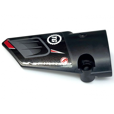black technic panel fairing 3 small smooth long side a with dark bluish gray air vent white tg top gear logo red letter e pattern sticker - set 42109