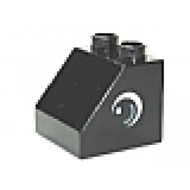 black duplo brick 2 x 2 x 1 1 2 slope 45 with circled black eye with arc and white pupil pattern on both sides
