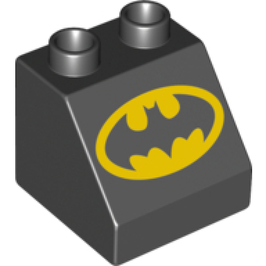 black duplo brick 2 x 2 x 1 1 2 slope 45 with batman logo pattern