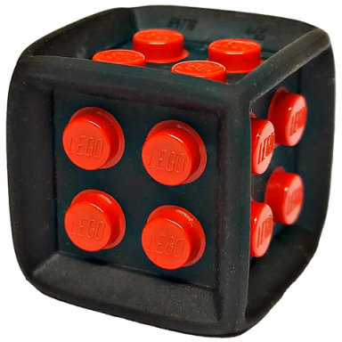 black die cube with molded hard plastic red 2 x 2 studs pattern on all sides - flexible rubber