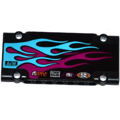 black technic panel plate 5 x 11 x 1 with medium azure and magenta flames and sponsor logos pattern model left sticker - set 42050